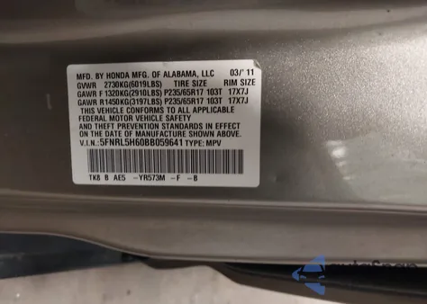 2011 Honda Odyssey Ex-L z USA, uszkodzony, nr VIN 5FNRL5H60BB059641